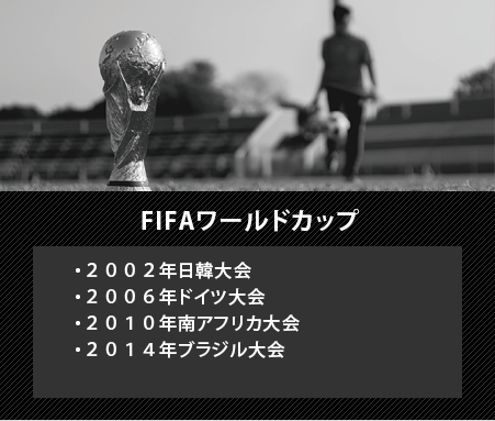 FIFAワールドカップ,２００２年日韓大会,２００６年ドイツ大会,２０１０年南アフリカ大会,２０１４年ブラジル大会