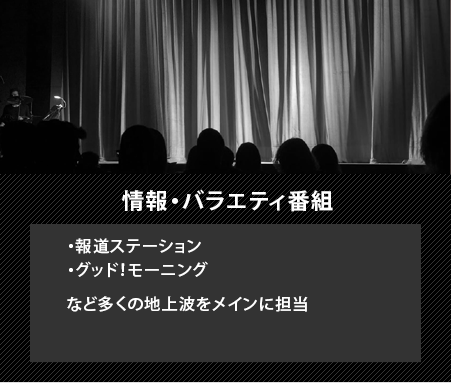 情報・バラエティ番組,報道ステーション,グッド！モーニング,～など多くの地上波をメインに担当